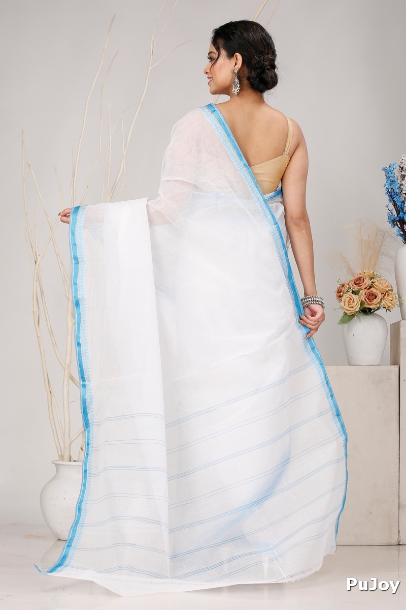 White Blue Pure Cotton Subra Tant Saree (1553)