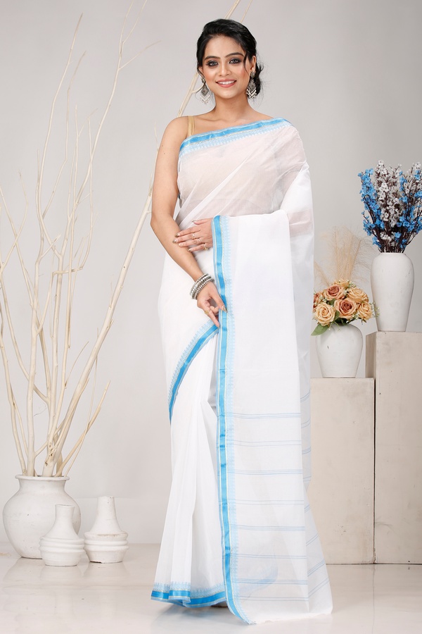 White Blue Pure Cotton Subra Tant Saree (1553)