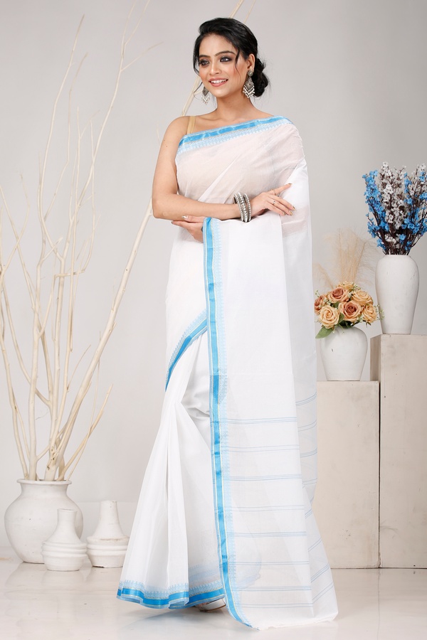 White Blue Pure Cotton Subra Tant Saree (1553)