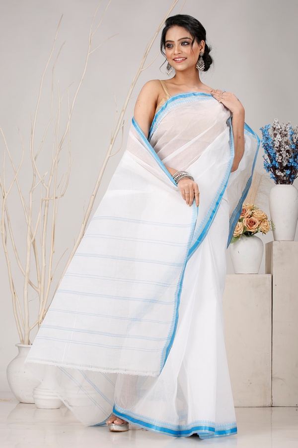 White Blue Pure Cotton Subra Tant Saree (1553)