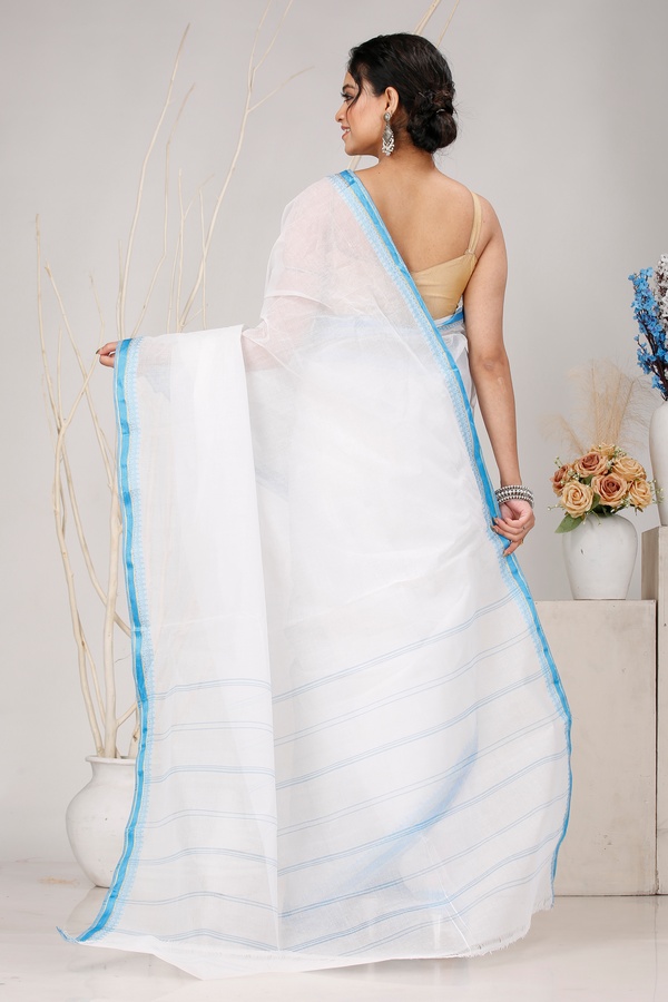 White Blue Pure Cotton Subra Tant Saree (1553)
