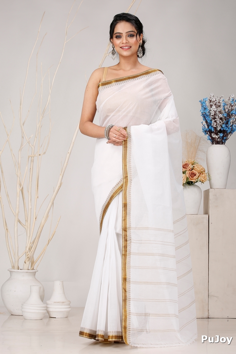 White Brown Pure Cotton Subra Tant Saree (1554)