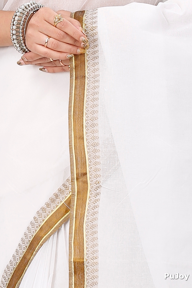 White Brown Pure Cotton Subra Tant Saree (1554)