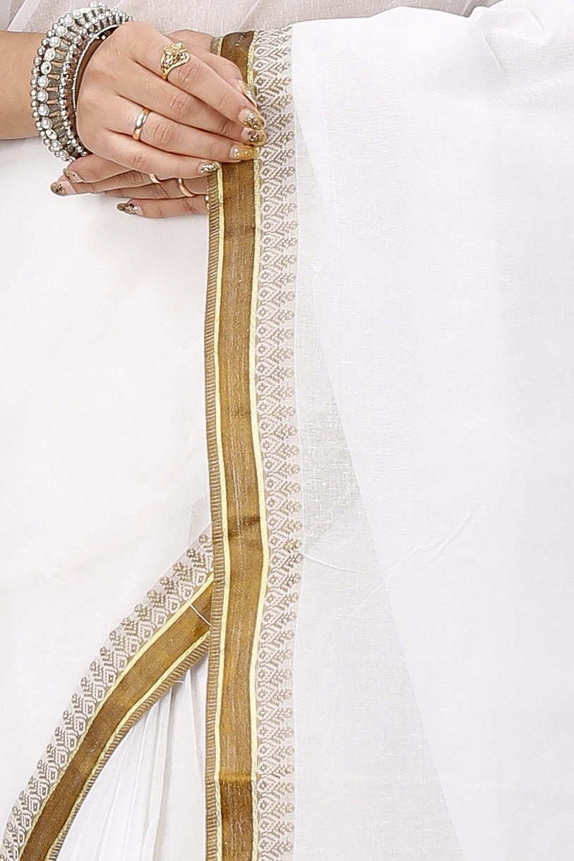 White Brown Pure Cotton Subra Tant Saree (1554)