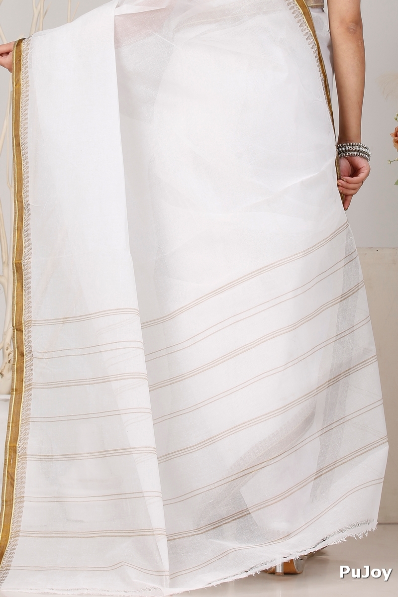White Brown Pure Cotton Subra Tant Saree (1554)