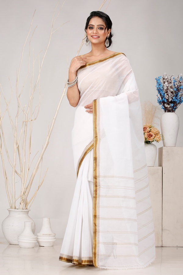 White Brown Pure Cotton Subra Tant Saree (1554)