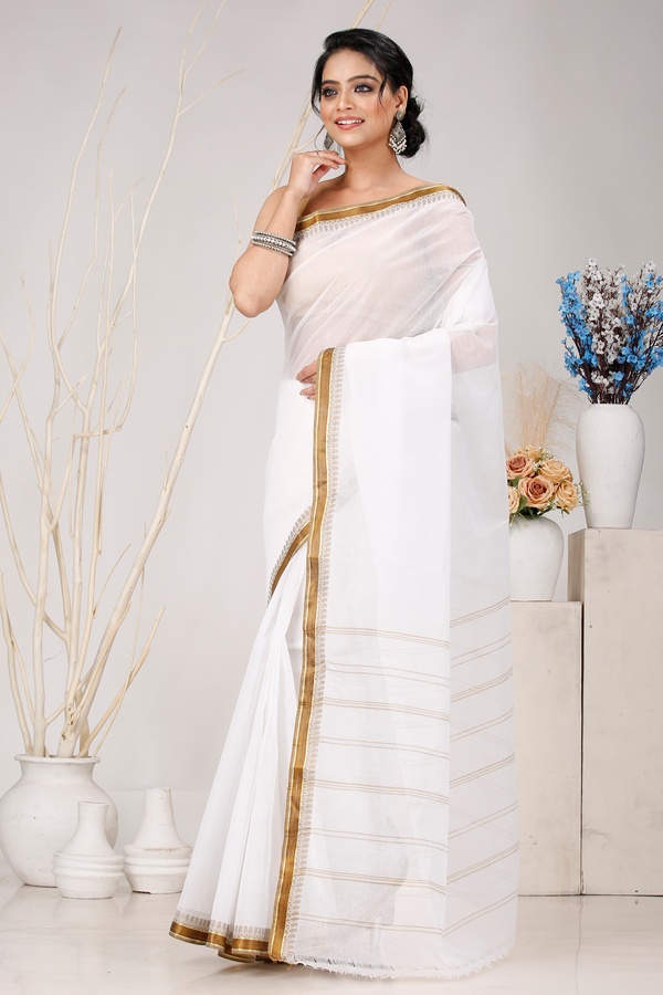 White Brown Pure Cotton Subra Tant Saree (1554)