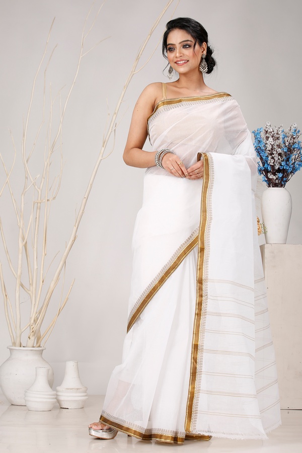 White Brown Pure Cotton Subra Tant Saree (1554)