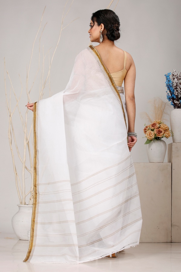White Brown Pure Cotton Subra Tant Saree (1554)