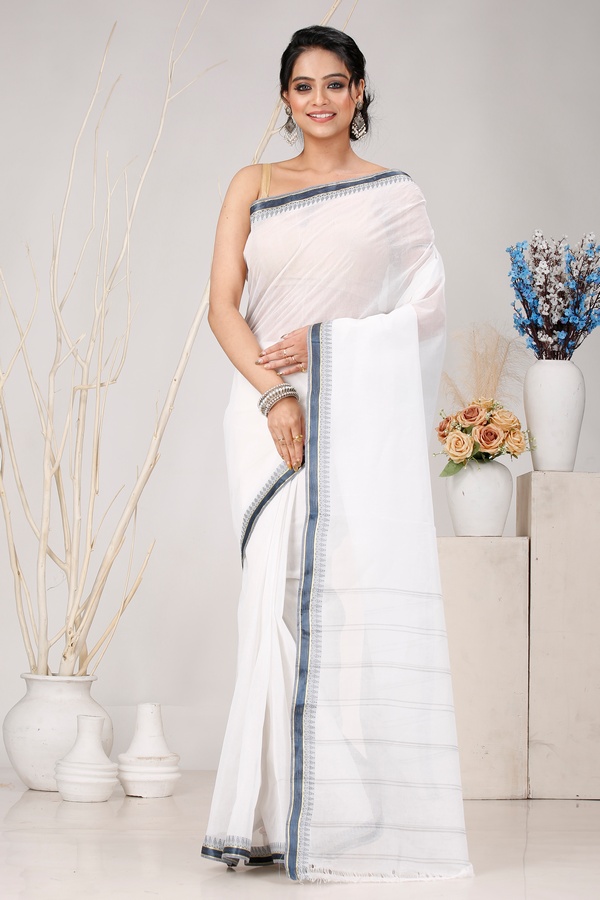 White Black Pure Cotton Subra Tant Saree (1555)