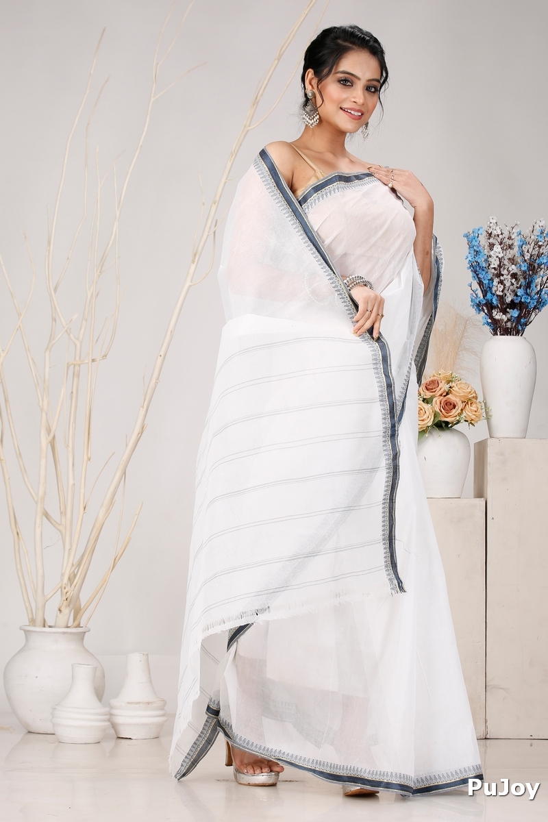 White Black Pure Cotton Subra Tant Saree (1555)