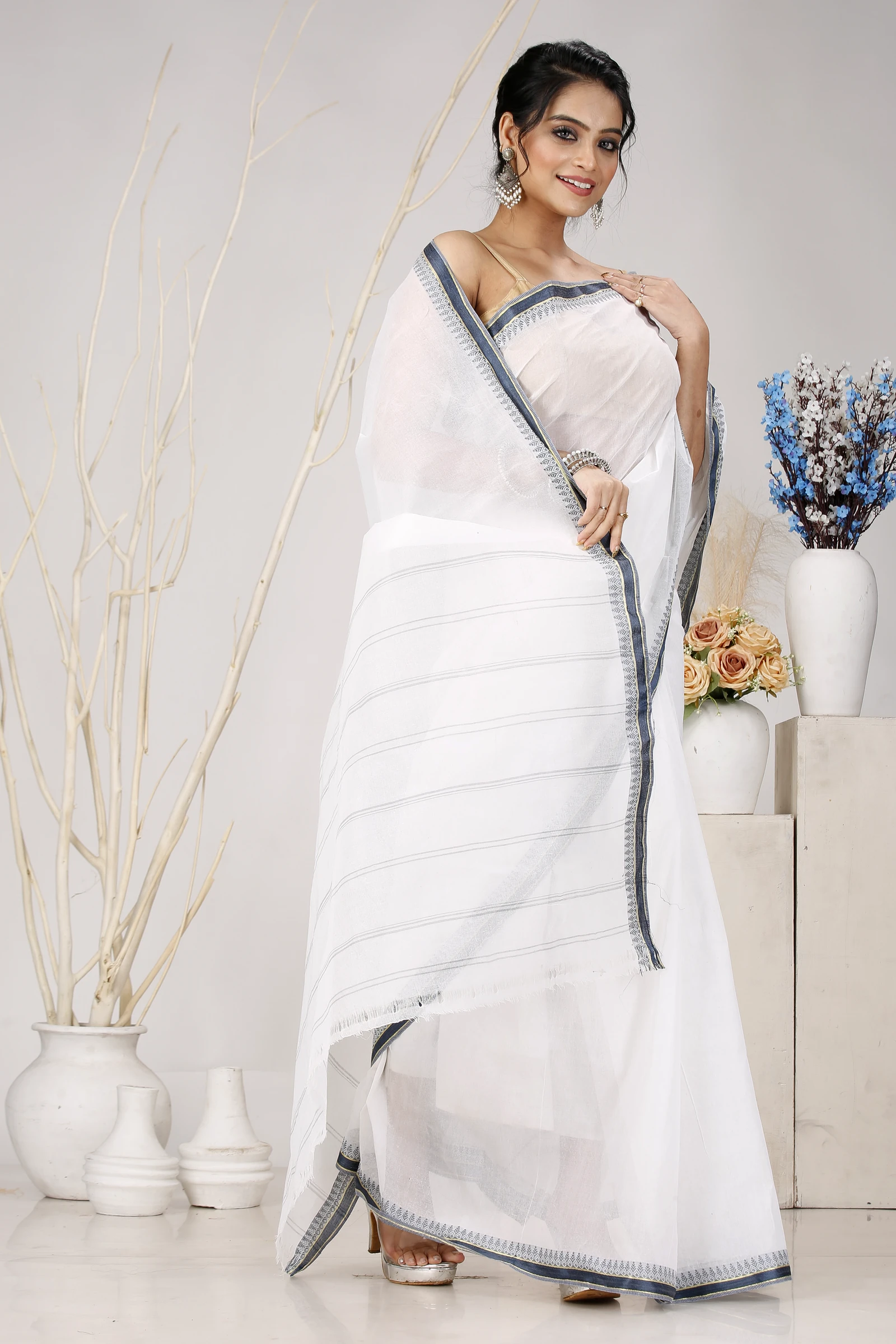 White Black Pure Cotton Subra Tant Saree (1555)