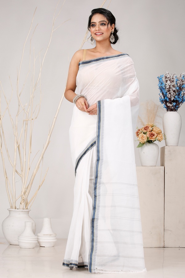 White Black Pure Cotton Subra Tant Saree (1555)