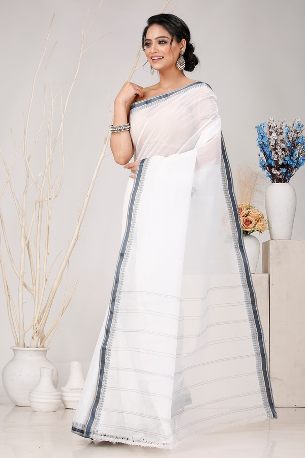 White Black Pure Cotton Subra Tant Saree (1555)