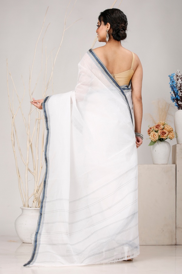 White Black Pure Cotton Subra Tant Saree (1555)