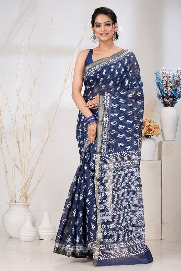 Blue Pure Cotton Mela Printed Handloom Saree (1556)