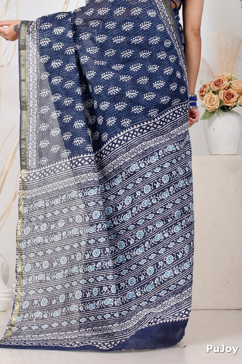 Blue Pure Cotton Mela Printed Handloom Saree (1556)