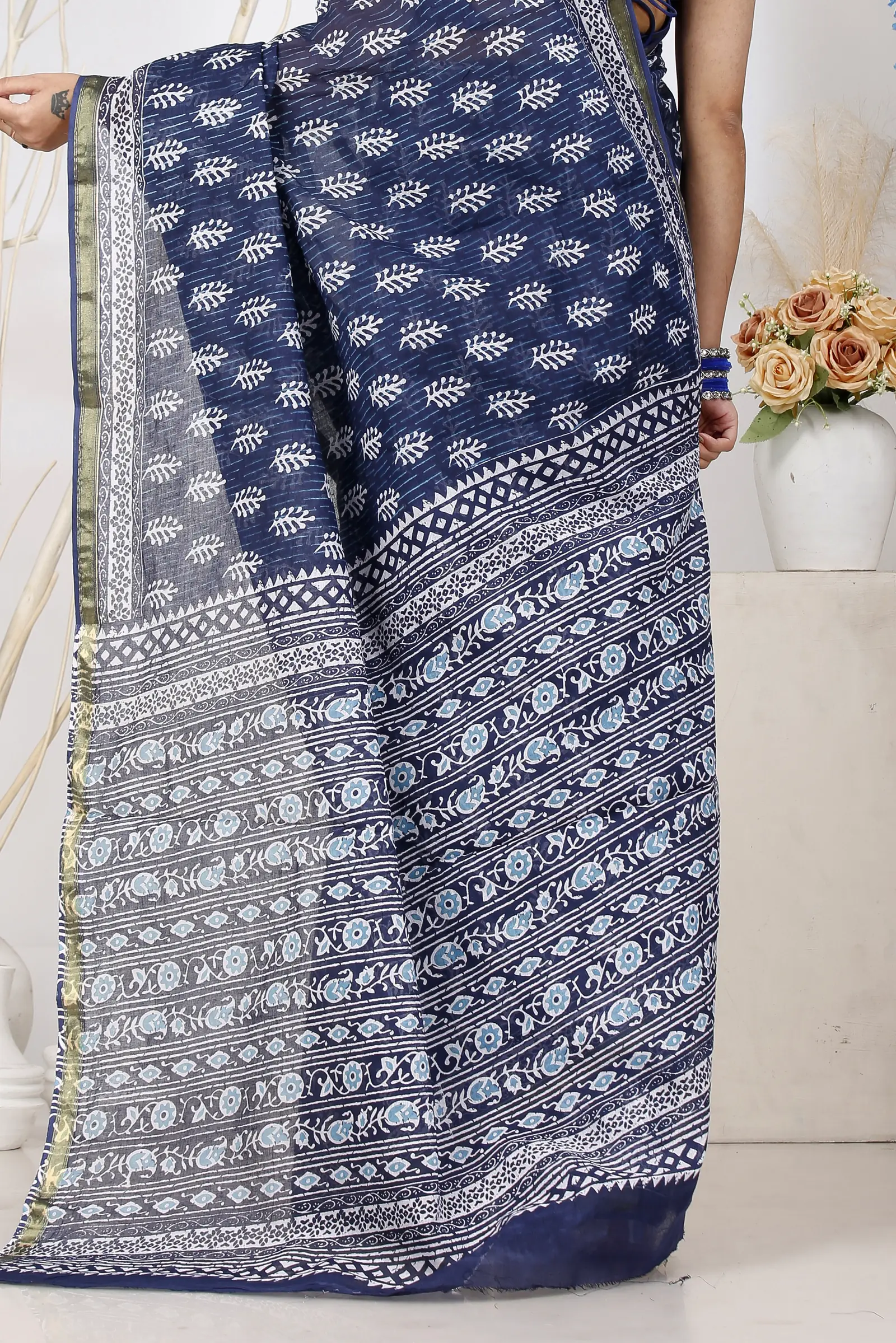 Blue Pure Cotton Mela Printed Handloom Saree (1556)