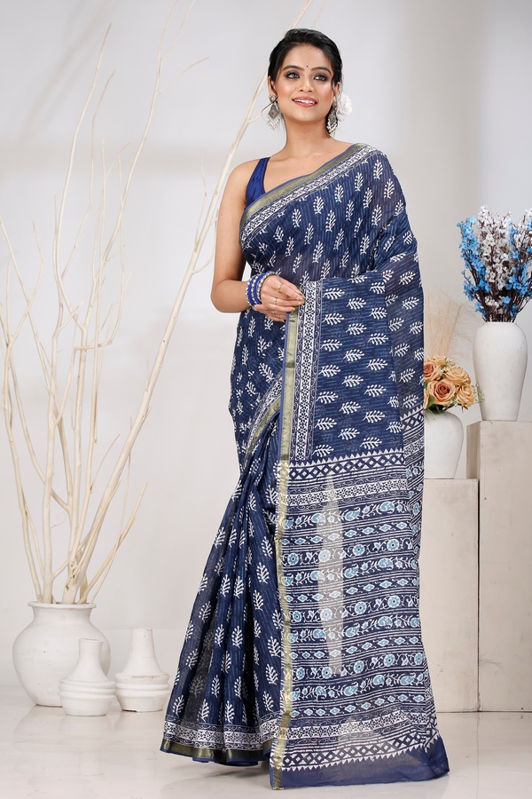 Blue Pure Cotton Mela Printed Handloom Saree (1556)