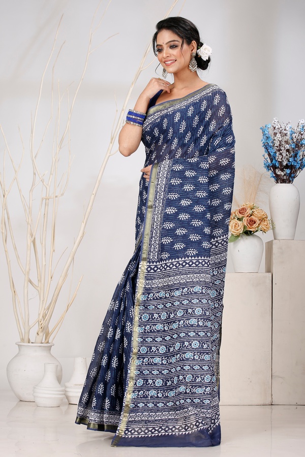 Blue Pure Cotton Mela Printed Handloom Saree (1556)