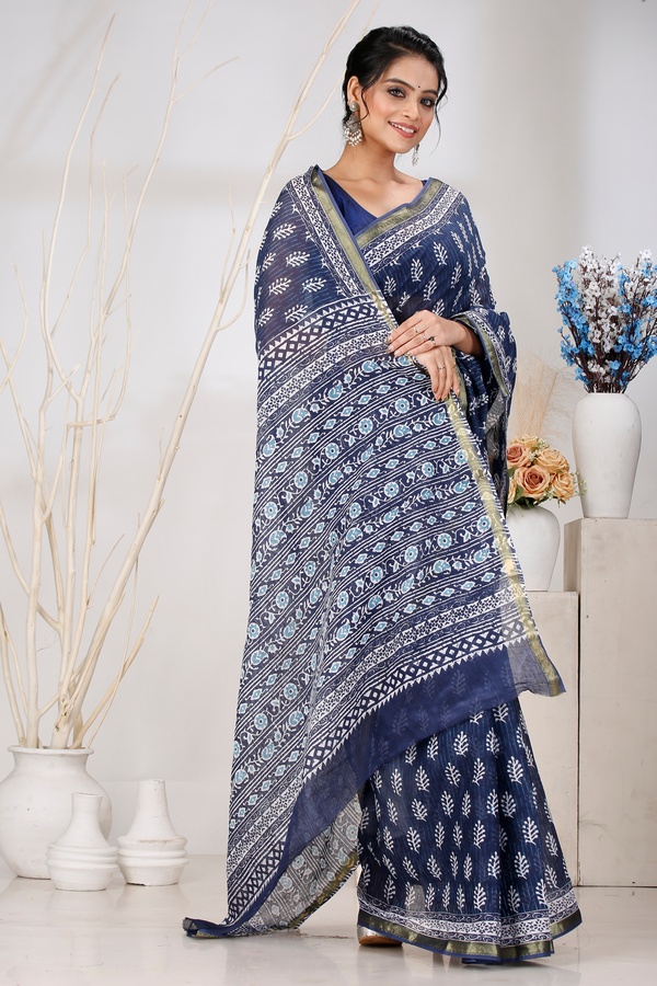 Blue Pure Cotton Mela Printed Handloom Saree (1556)