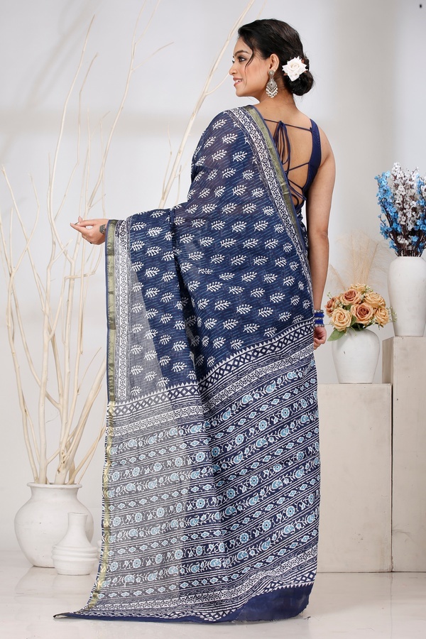 Blue Pure Cotton Mela Printed Handloom Saree (1556)