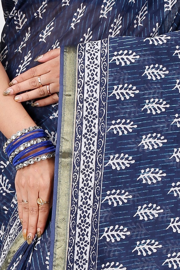 Blue Pure Cotton Mela Printed Handloom Saree (1556)
