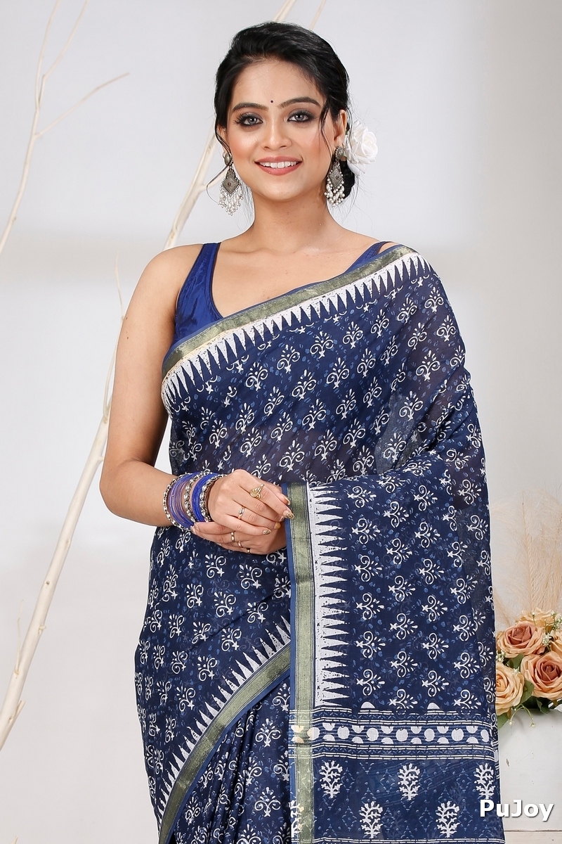 Dark Blue Pure Cotton Mela Printed Handloom Saree (1557)