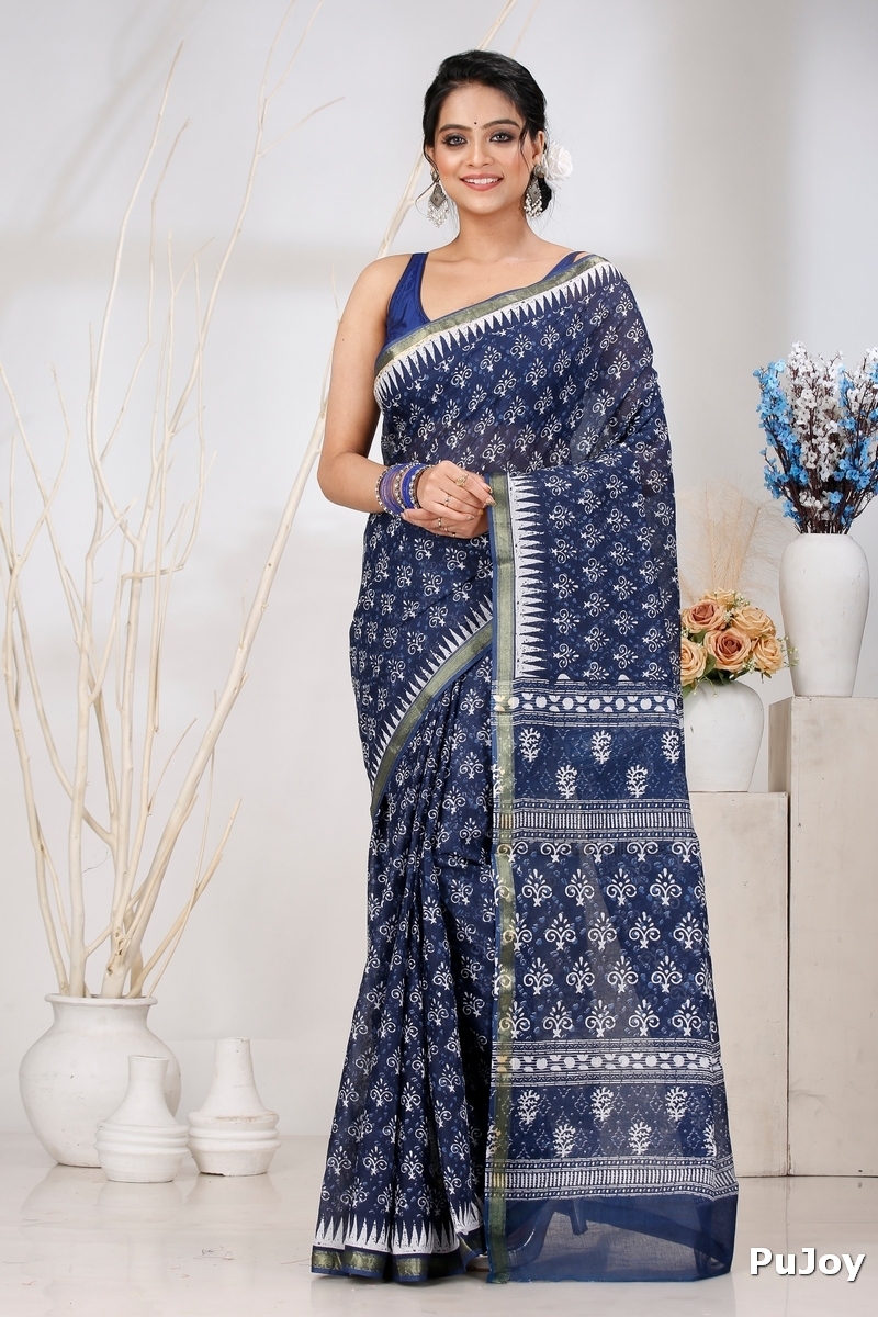 Dark Blue Pure Cotton Mela Printed Handloom Saree (1557)