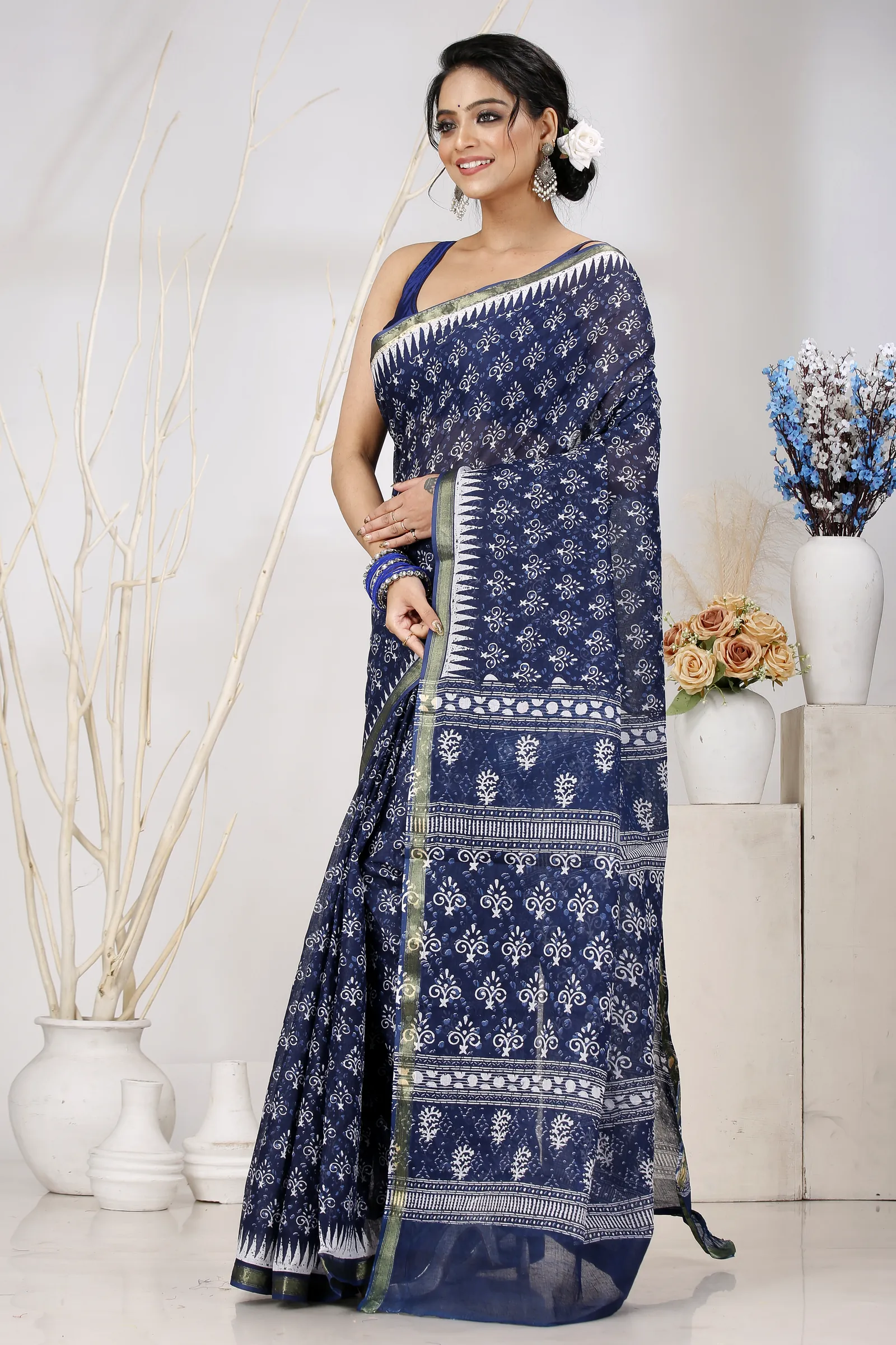 Dark Blue Pure Cotton Mela Printed Handloom Saree (1557)