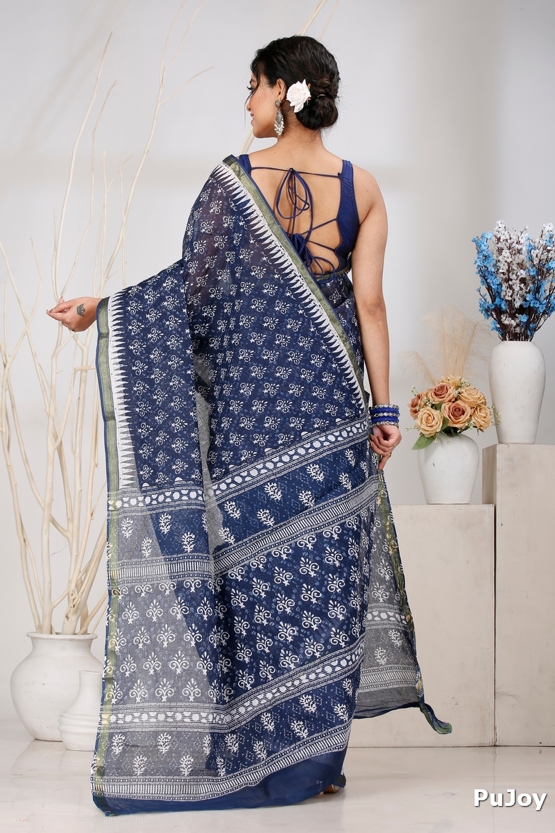 Dark Blue Pure Cotton Mela Printed Handloom Saree (1557)