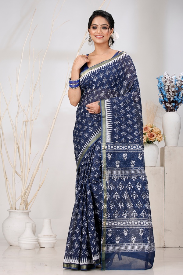 Dark Blue Pure Cotton Mela Printed Handloom Saree (1557)