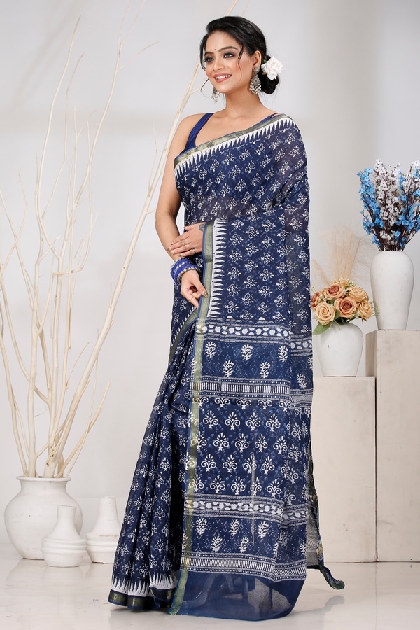 Dark Blue Pure Cotton Mela Printed Handloom Saree (1557)