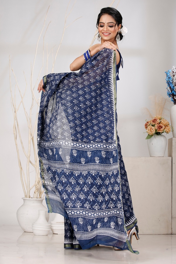 Dark Blue Pure Cotton Mela Printed Handloom Saree (1557)