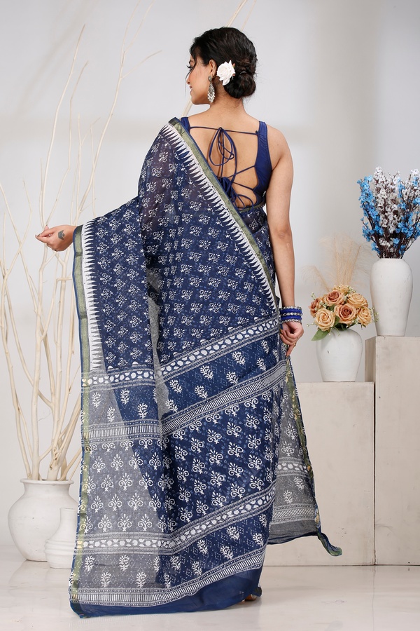 Dark Blue Pure Cotton Mela Printed Handloom Saree (1557)