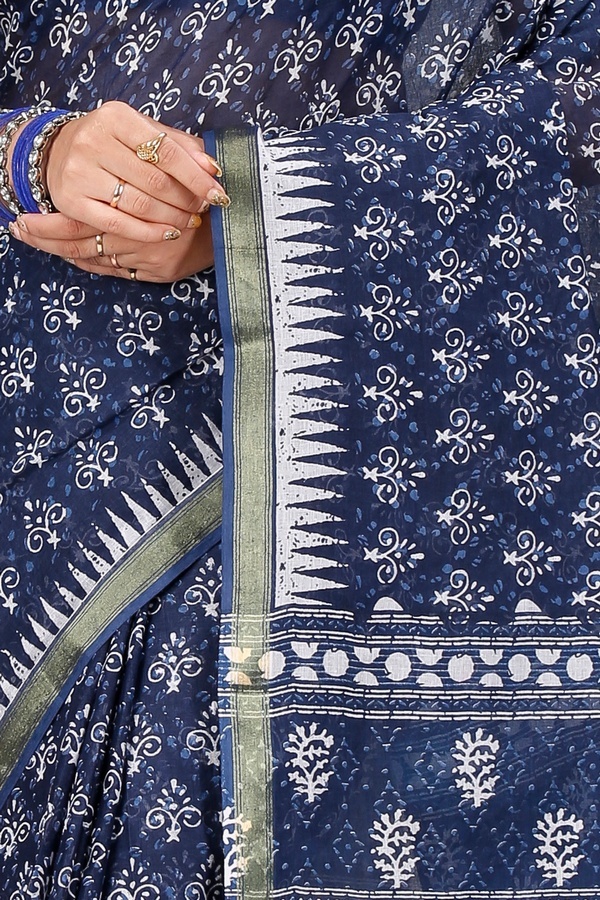 Dark Blue Pure Cotton Mela Printed Handloom Saree (1557)