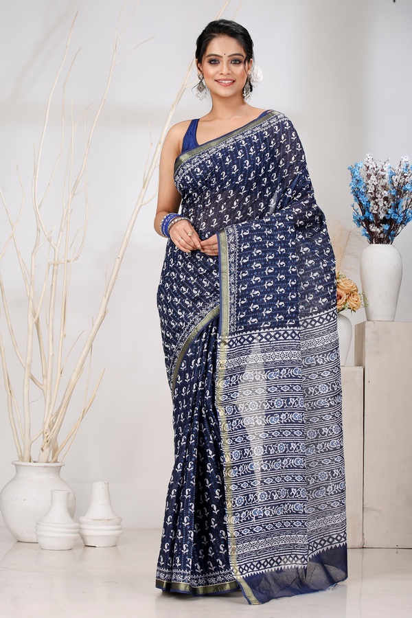 Naby Blue Pure Cotton Mela Printed Handloom Saree (1558)