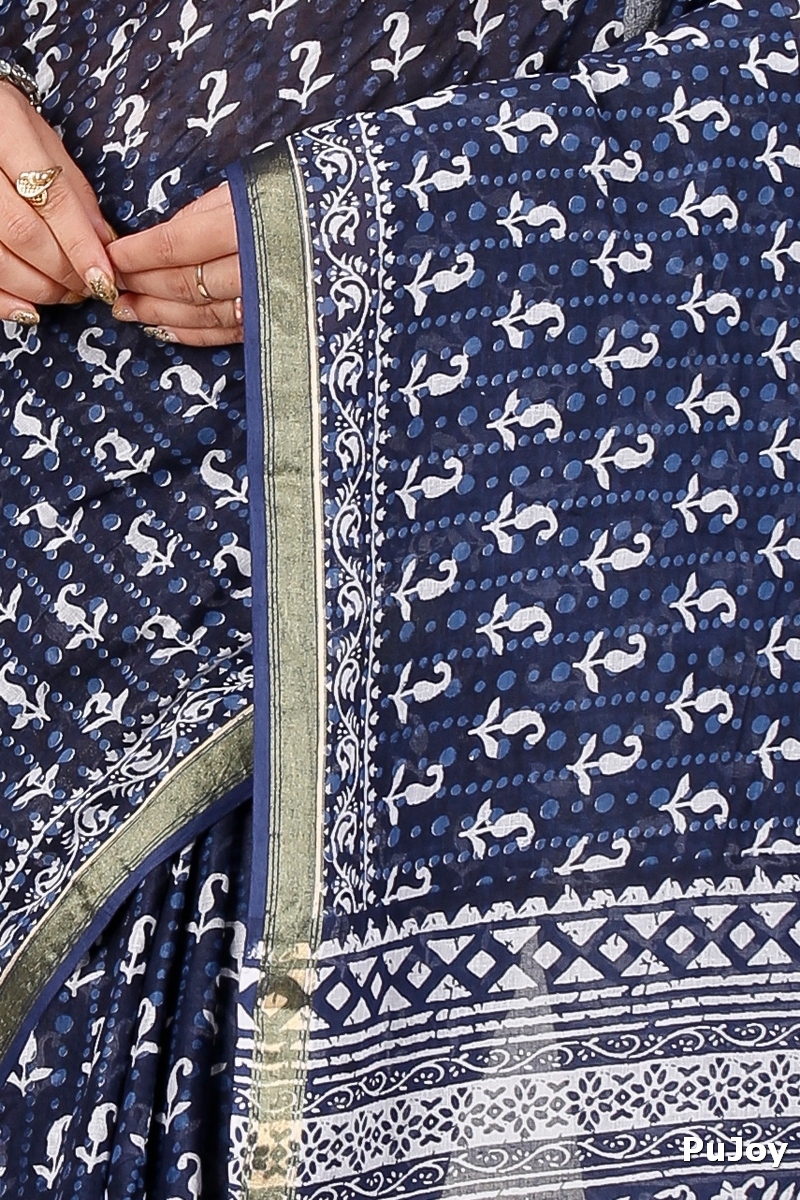 Naby Blue Pure Cotton Mela Printed Handloom Saree (1558)