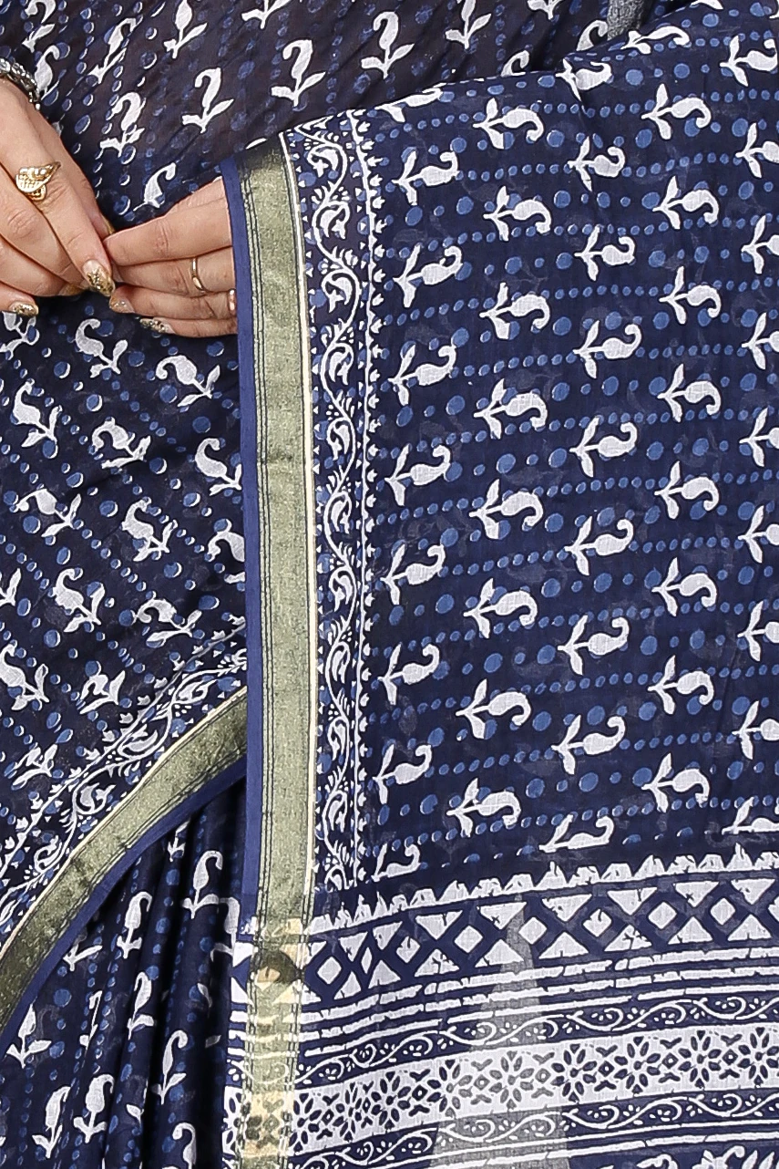 Naby Blue Pure Cotton Mela Printed Handloom Saree (1558)