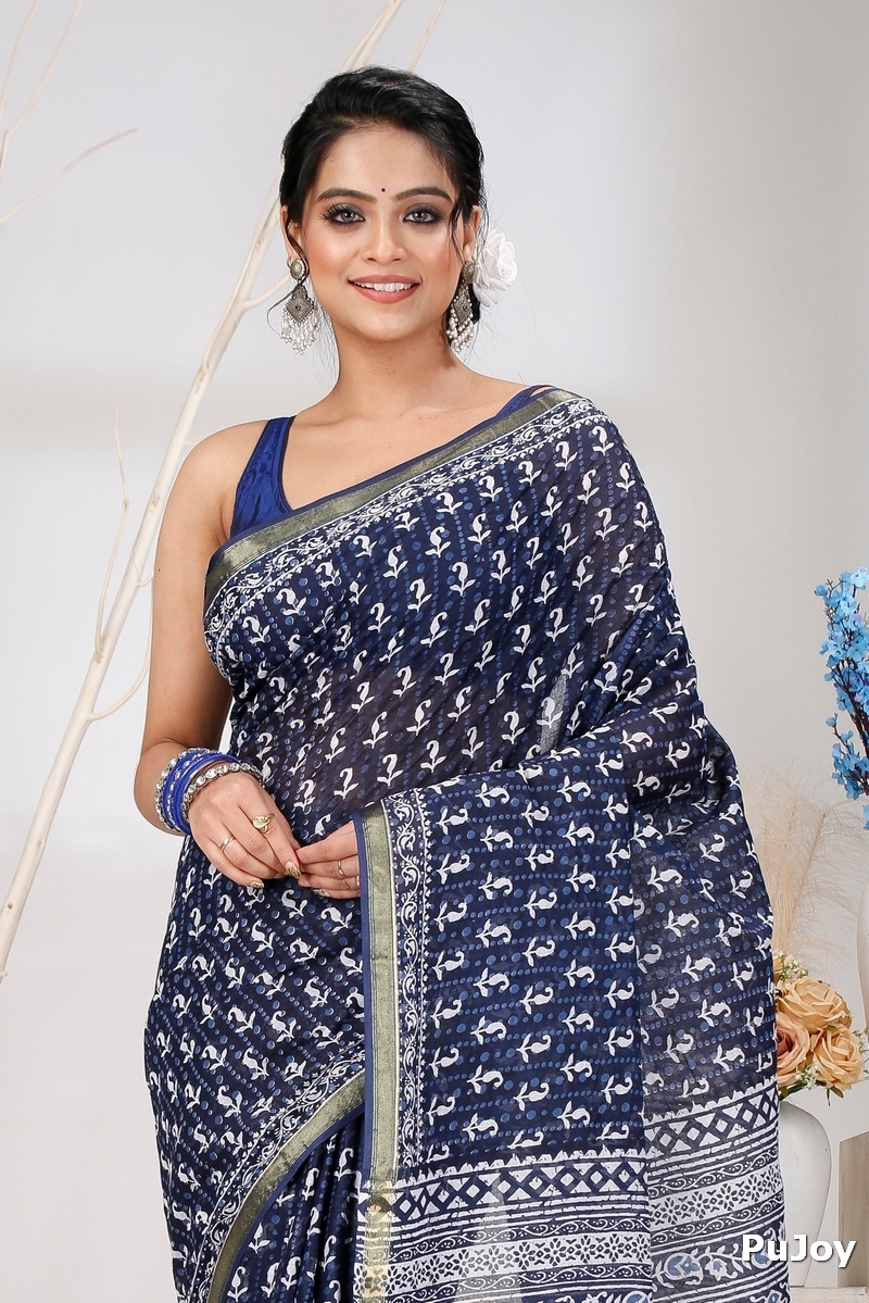 Naby Blue Pure Cotton Mela Printed Handloom Saree (1558)