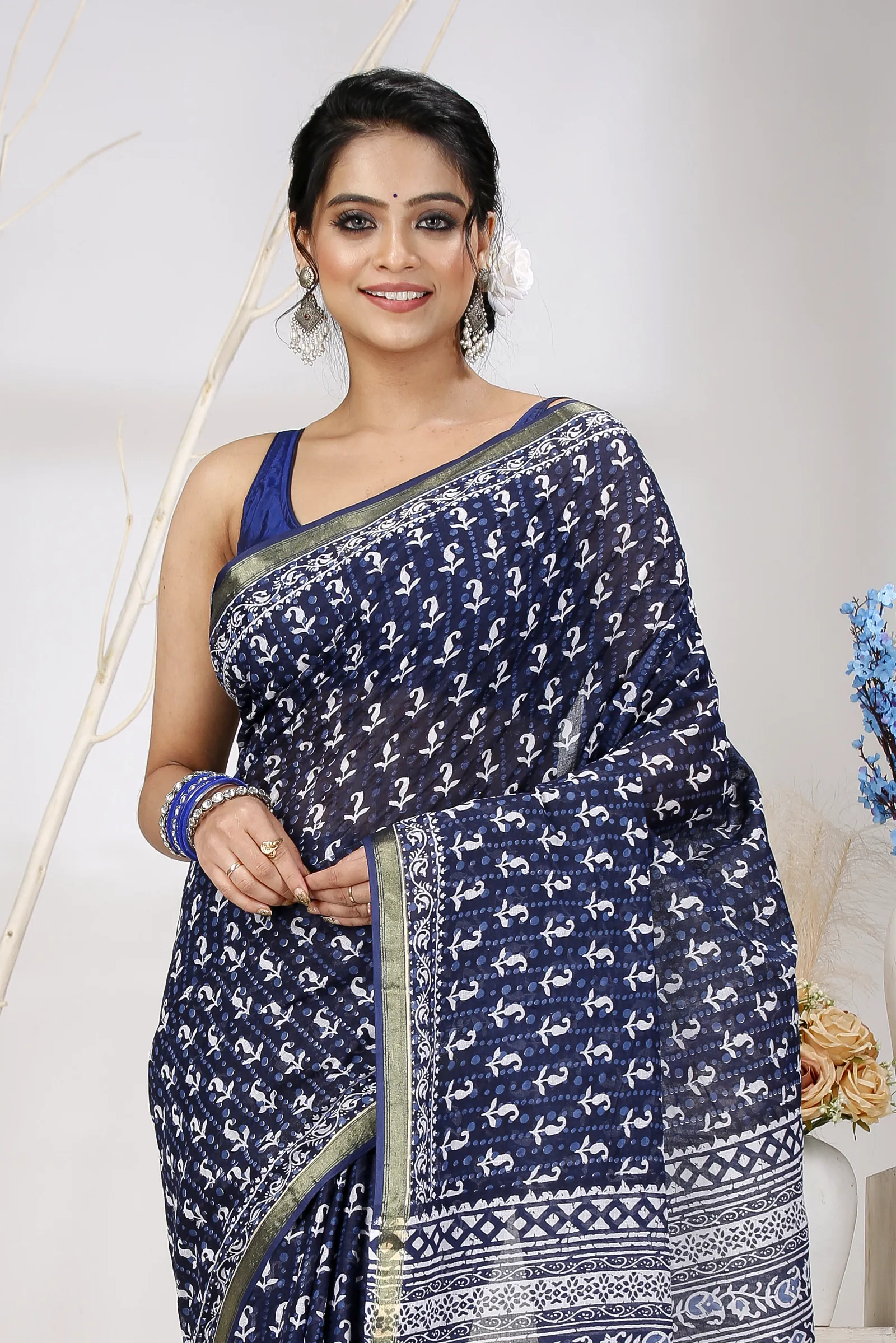 Naby Blue Pure Cotton Mela Printed Handloom Saree (1558)
