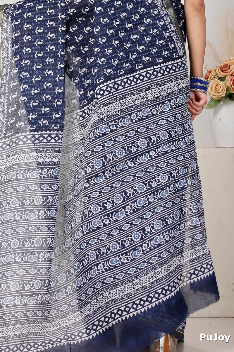 Naby Blue Pure Cotton Mela Printed Handloom Saree (1558)