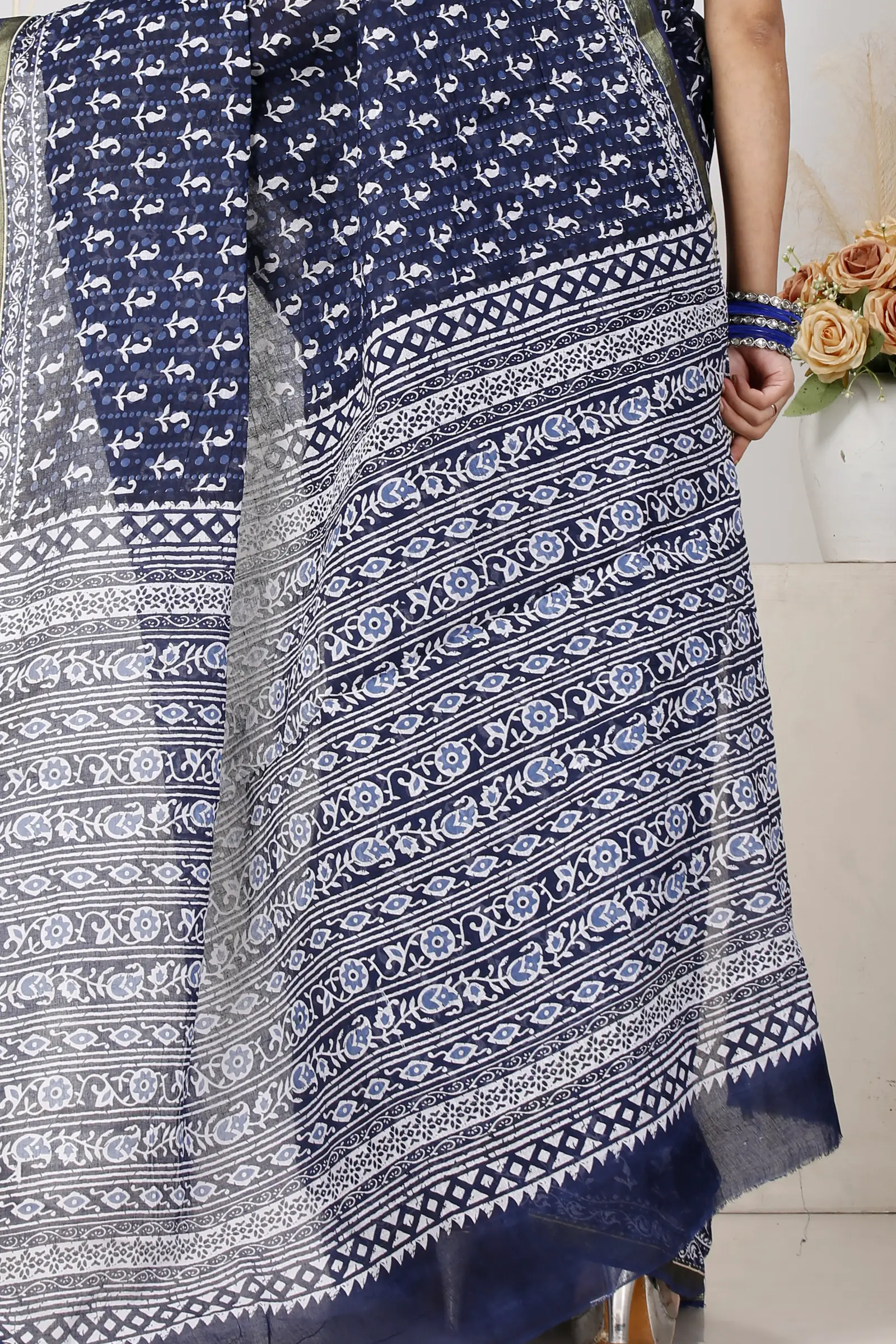 Naby Blue Pure Cotton Mela Printed Handloom Saree (1558)