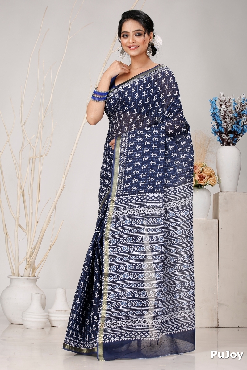Naby Blue Pure Cotton Mela Printed Handloom Saree (1558)