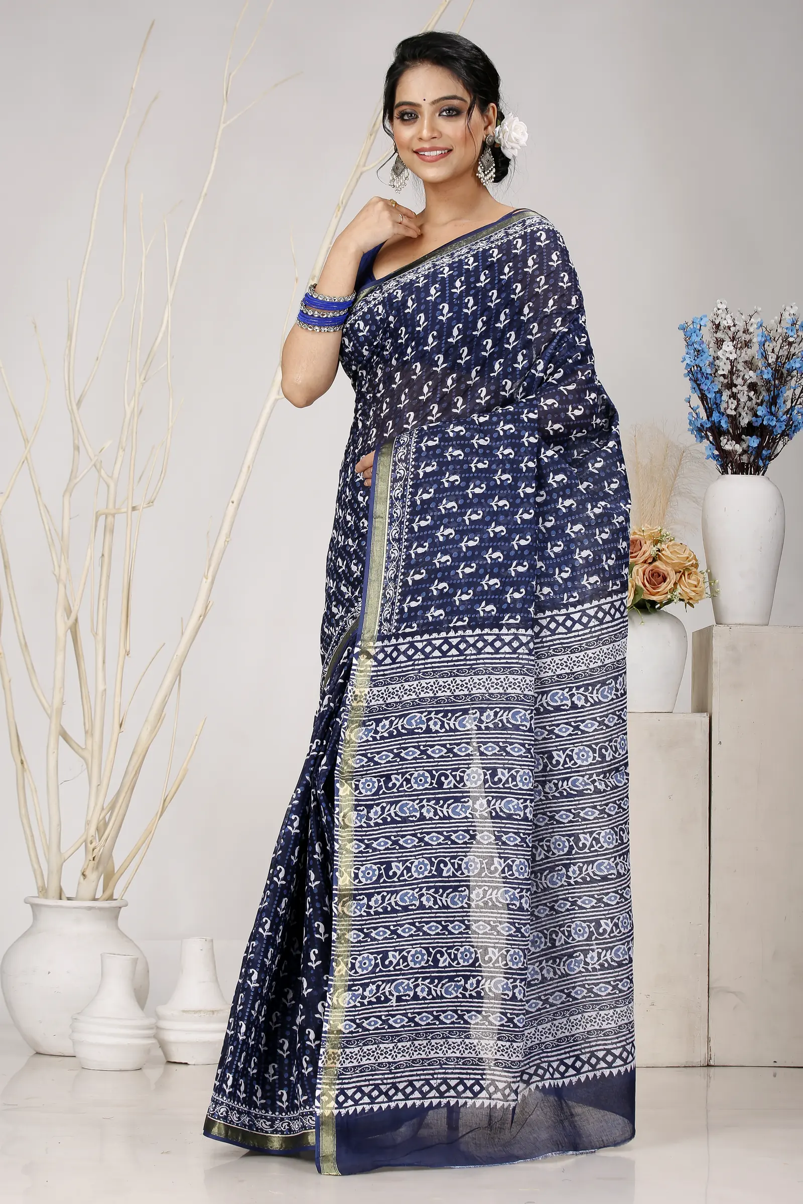 Naby Blue Pure Cotton Mela Printed Handloom Saree (1558)