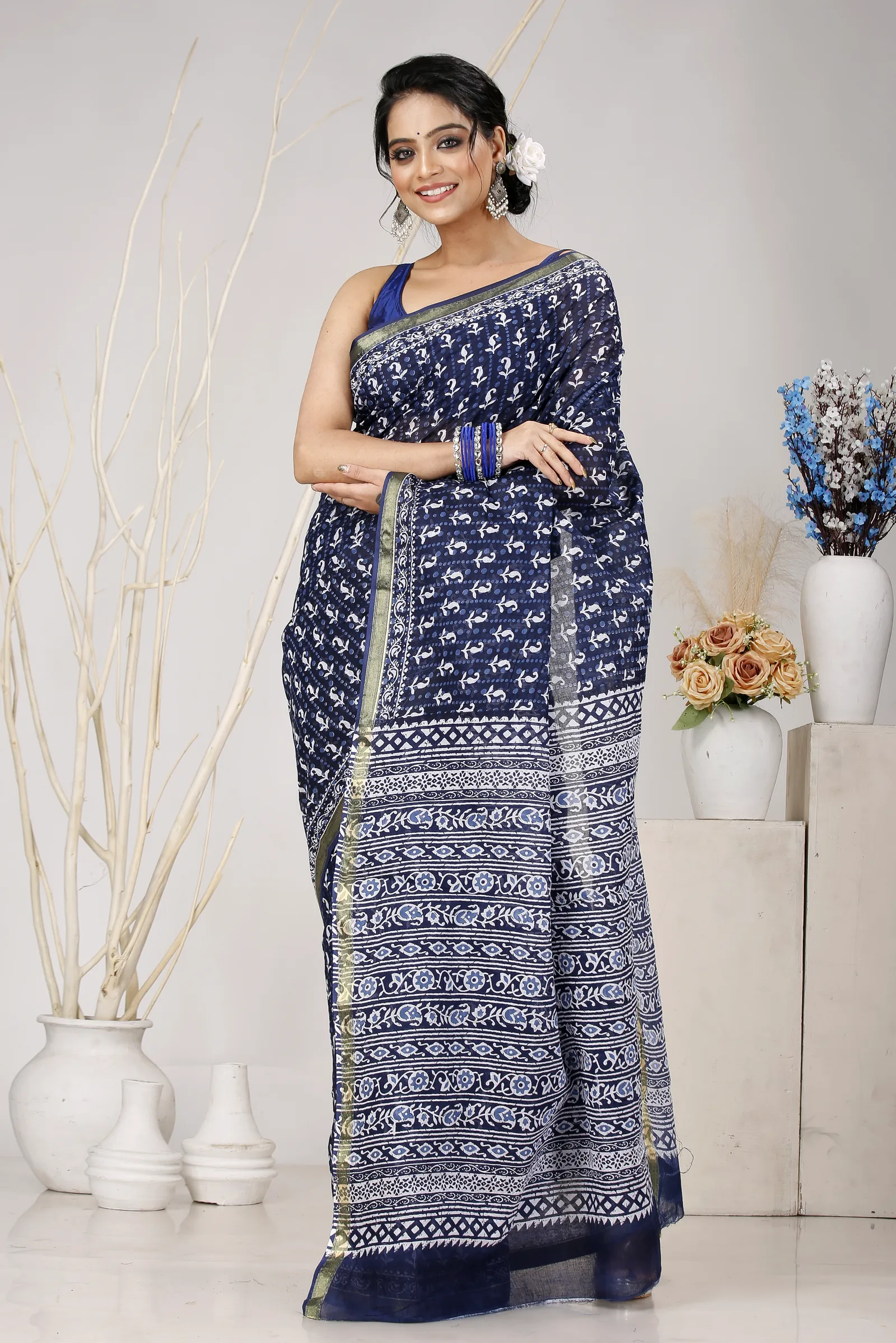 Naby Blue Pure Cotton Mela Printed Handloom Saree (1558)