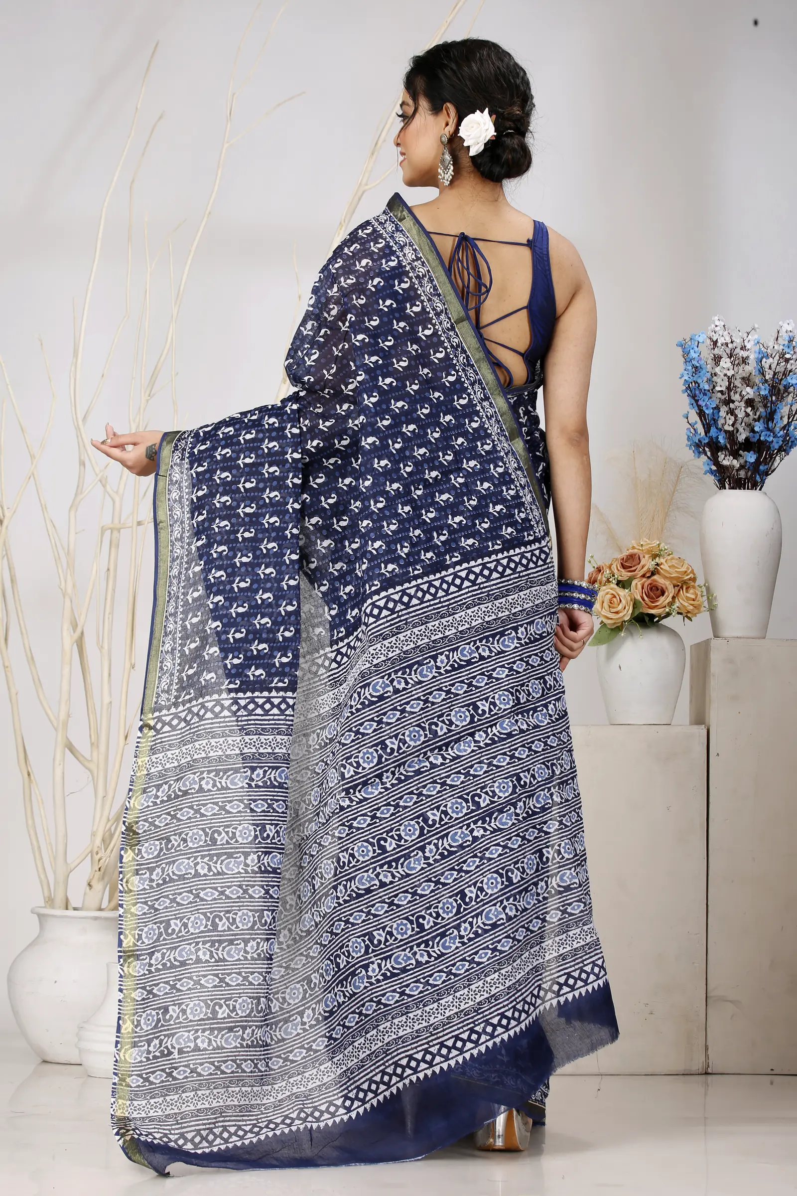 Naby Blue Pure Cotton Mela Printed Handloom Saree (1558)