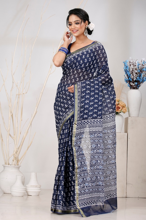 Naby Blue Pure Cotton Mela Printed Handloom Saree (1558)