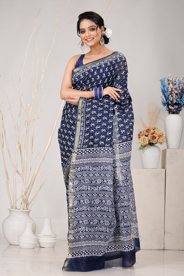 Naby Blue Pure Cotton Mela Printed Handloom Saree (1558)