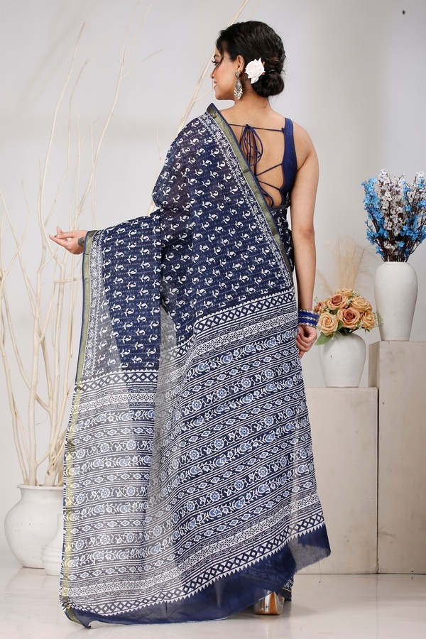 Naby Blue Pure Cotton Mela Printed Handloom Saree (1558)